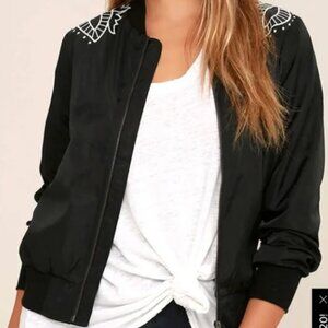 Black Minkpink bomber jacket with white embroidery (S)